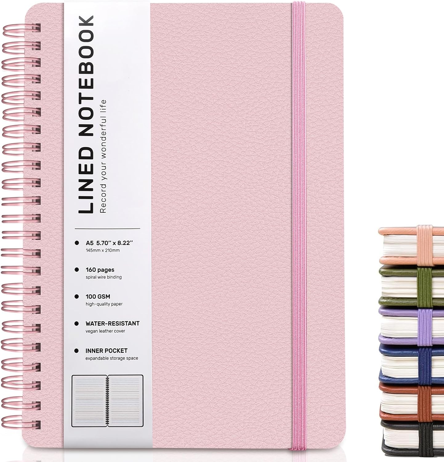 ABERLLS Lined Spiral Journal Notebook with 160 Pages, 8×5.7in, A5 Spiral Notebook, Journaling Notebooks for Work, School, Women, Men, College Ruled Spiral Notebook, Hardcover Leather Journals, Pink
