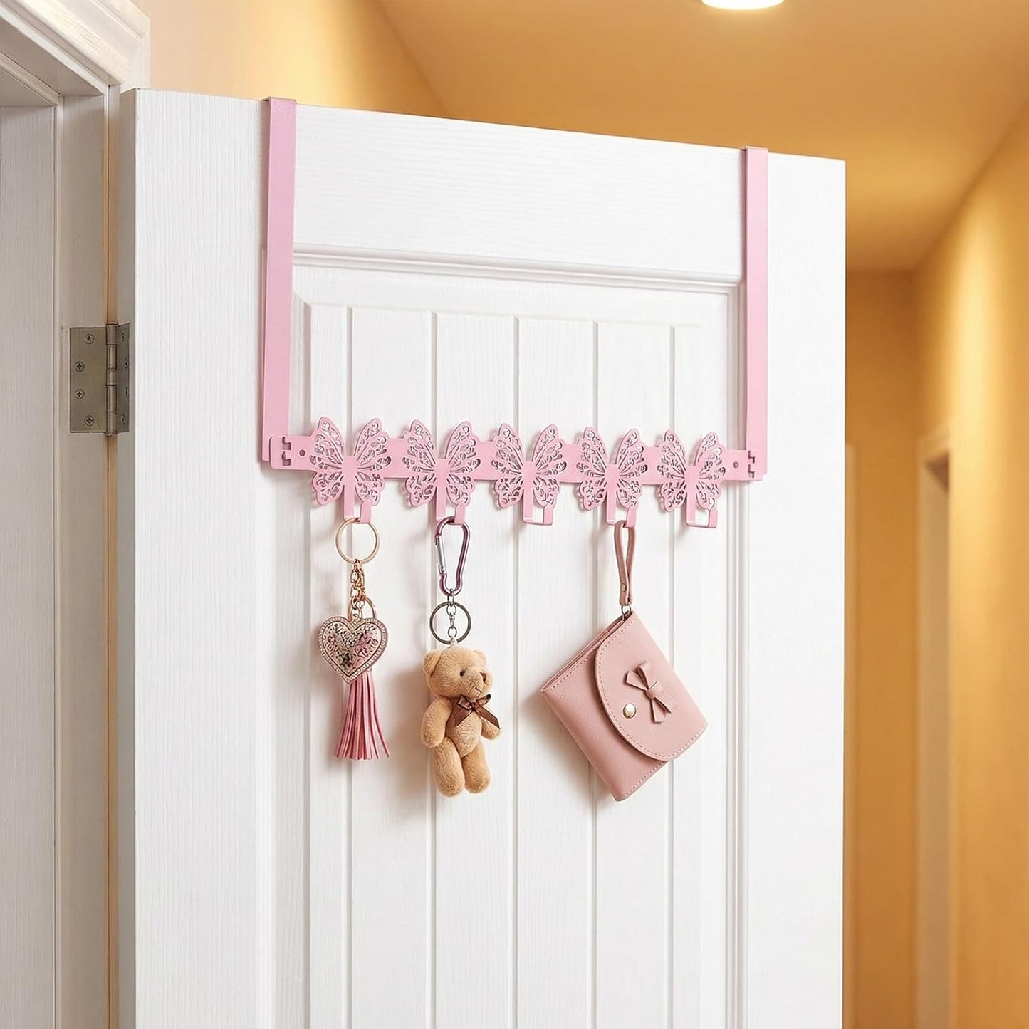 Over The Door Hooks, Pink Butterfly Towel Rack with 5 Hooks Hanging Towel for Bathroom Accessories, Cute Wall Mount Towel Hanger for Hats, Bags, Keys, Home Organizer