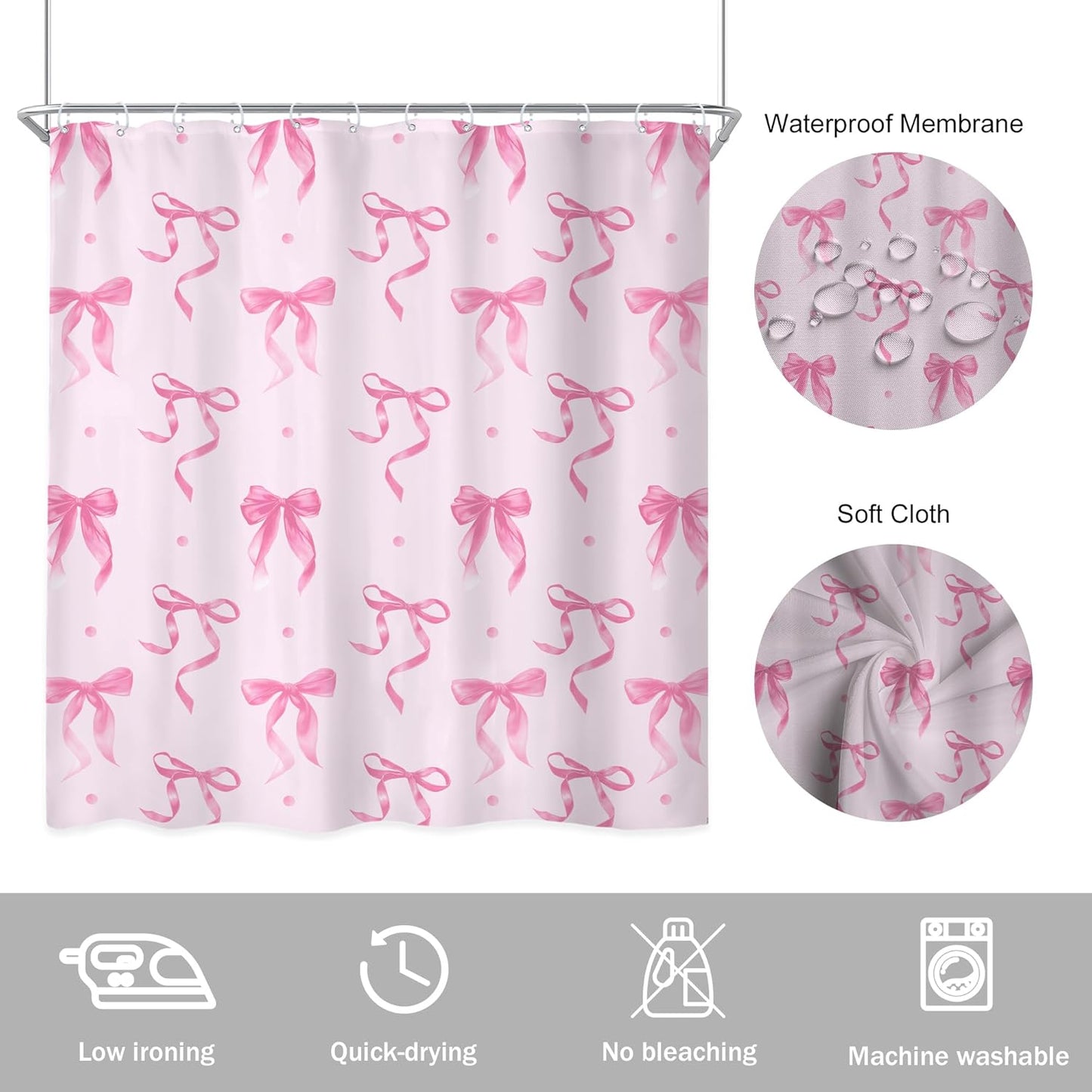 Newsely Pink Bow Shower Curtain 72Wx72L Inch Bownot Adorable Elegant Wave Point Modern Retro Minimalist Lovely Cute Girls Female Bathroom Set Fashion Waterproof Bath Decoration Accessories Home Decor