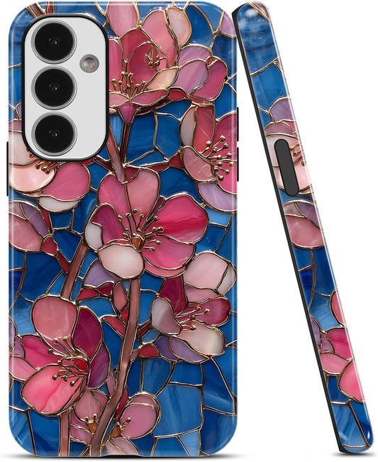 Stained Glass Peach Blossoms Phone Case for Samsung Galaxy A16 5G Case Hybrid 2-Layer Hard Shell Scratch Resistant Shockproof Protection Phone Cover Funda for Samsung A16 6.7 Inch