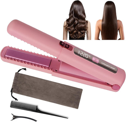 LAMA Portable 2 in 1 Travel Straightener and Curler, Cordless Hair Straightener 4500mAh, Rechargeable LCD Flat Iron, Mini Ceramic Curling Iron,USB Rechargeable Hot Tools, Pink
