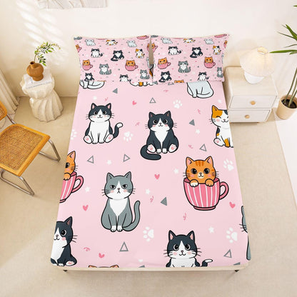 Manfei Cartoon Cute Cat Bed Sheet Mug Kitten Paw Print Bedding Sets (1 Fitted,1 Flat,2 Pillowcases) Heart Sweet Kawaii Luxury Deep Pocket Bed Sheets Kids Boys Girls Queen Peach Pink