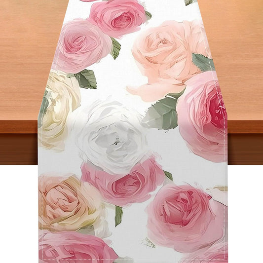 HOMETITUTE Pink Rose Floral Table Runner 13x72 Inch Burlap Farmhouse Dining Table Decor Pattern on Light Background Kitchen and Home Decoration for Spring Summer Gatherings