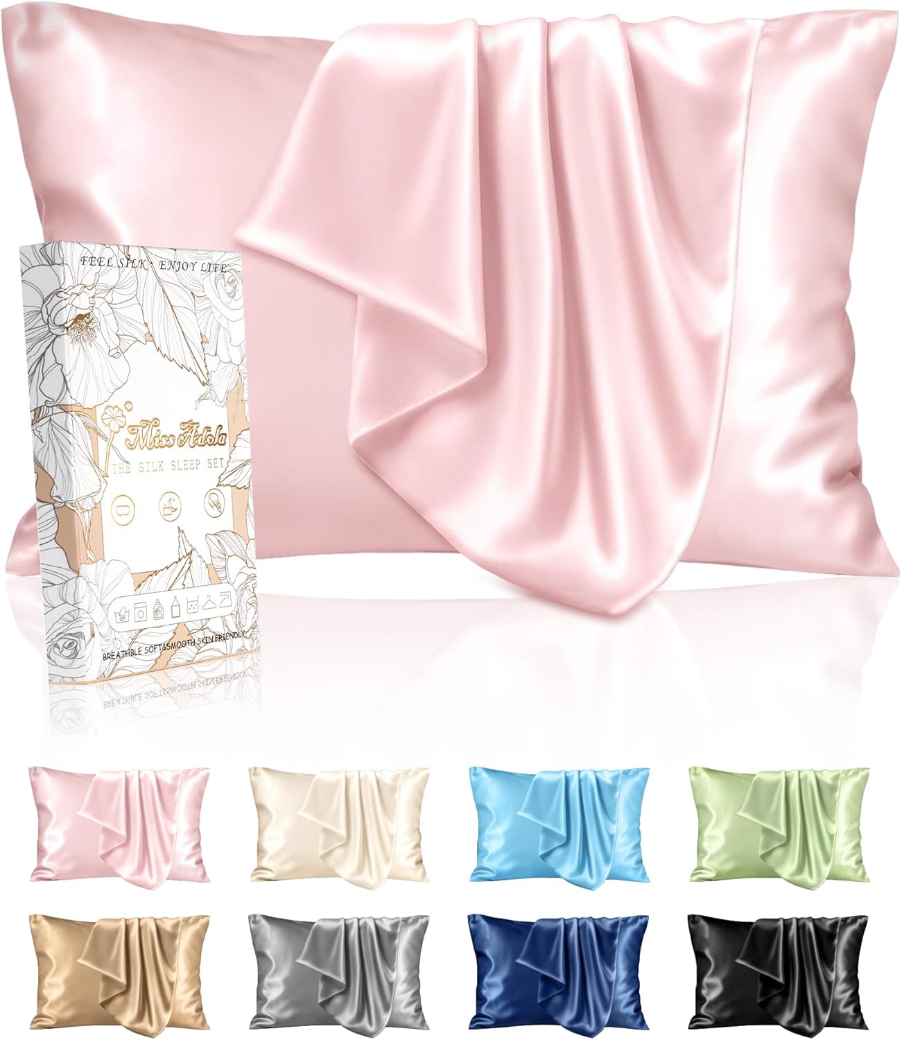 Miss Adola Silk Pillowcase 2 Pack - Pillow Cases Queen Set of 2 Size 20" x 30" for Hair and Skin Smooth Soft Breathable with Hidden Zipper Cooling Pillow Covers for Sleeping Women, Coral