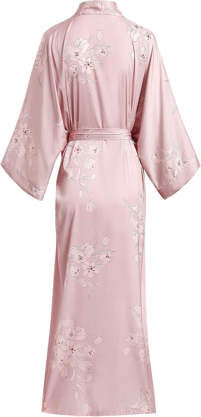 Aensso Long Floral Kimono Robe for Women Luxury Lightweight Silky Japanese Satin Bathrobe for Bridal, Spa & Lounging