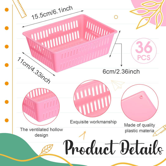 Sherr 36 Pack Classroom Storage Basket Small Plastic Basket for Organizing Crayon Pencil Container Storage Bin Tray Holder for Paper Shelf Back to School Office Supply 6.1" l x 4.3" w x 2.4" h(Pink)