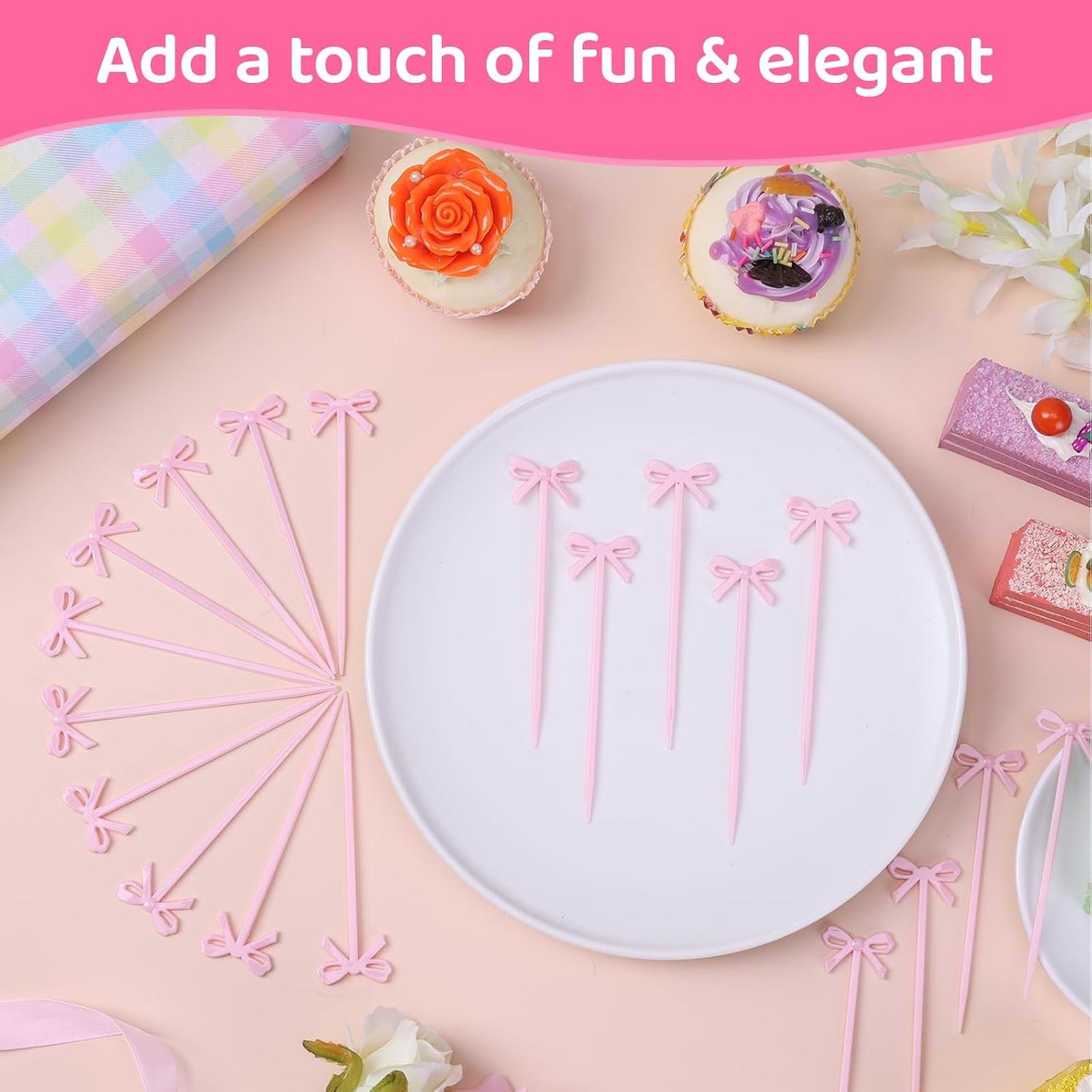100Pcs Pink Toothpicks Plastic Bow Cocktail Picks Long Fruit Skewers Drink Stirrers Cupcake Toppers Fancy Toothpick for Appetizers Drinks Wedding Coquette Birthday Bow Party Decoration