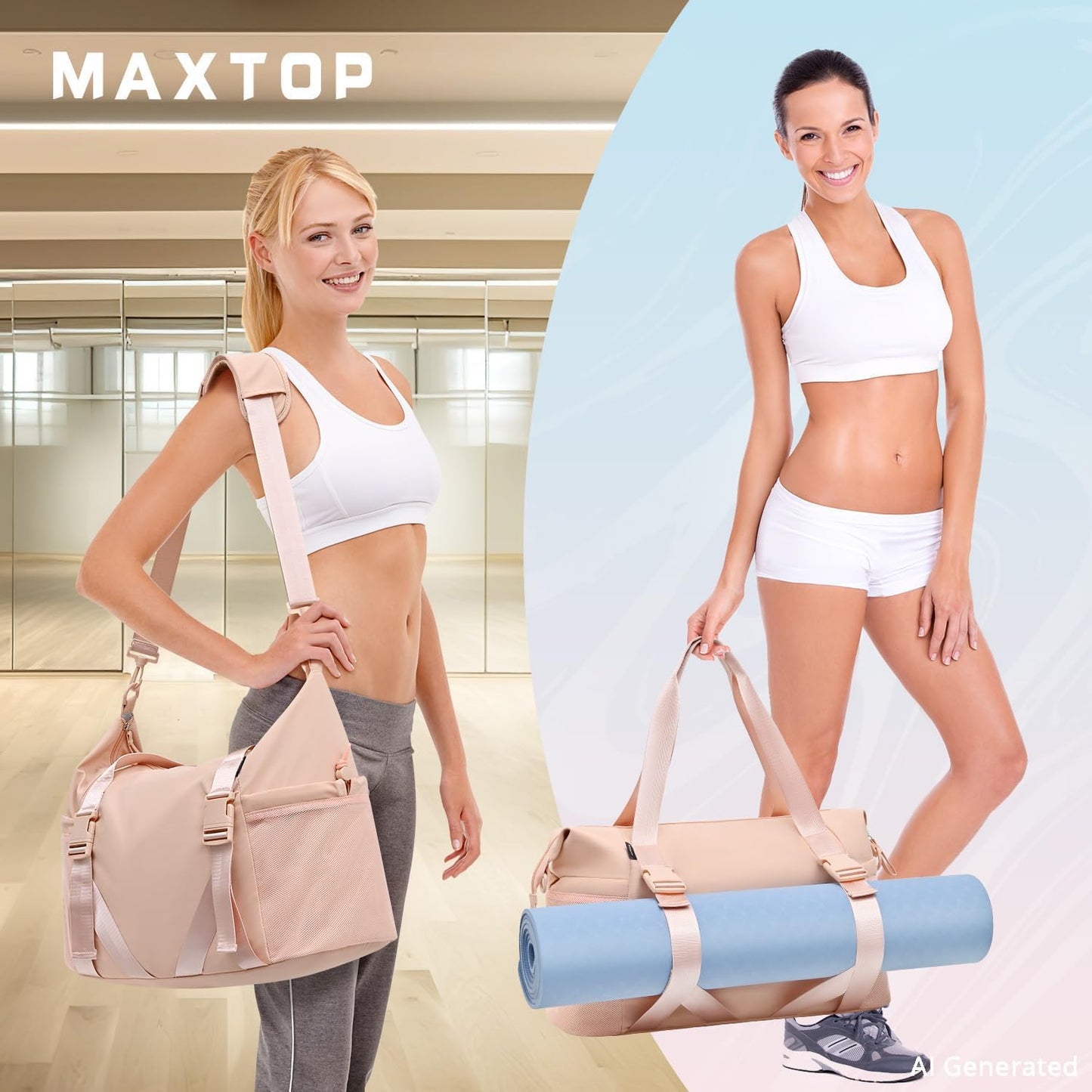 MAXTOP Women's Gym Yoga Duffle Bag with Shoe Pouch,Multi-Purpose Overnight Travel Bag for Gym,Work, Dance, Sports