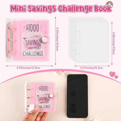 Mini Money Saving Binder with 25 Envelopes, $1000 Savings Challenge Book, Portable for Budgeting Cash Planner,School Class Prize Gift (Pink, $1000)