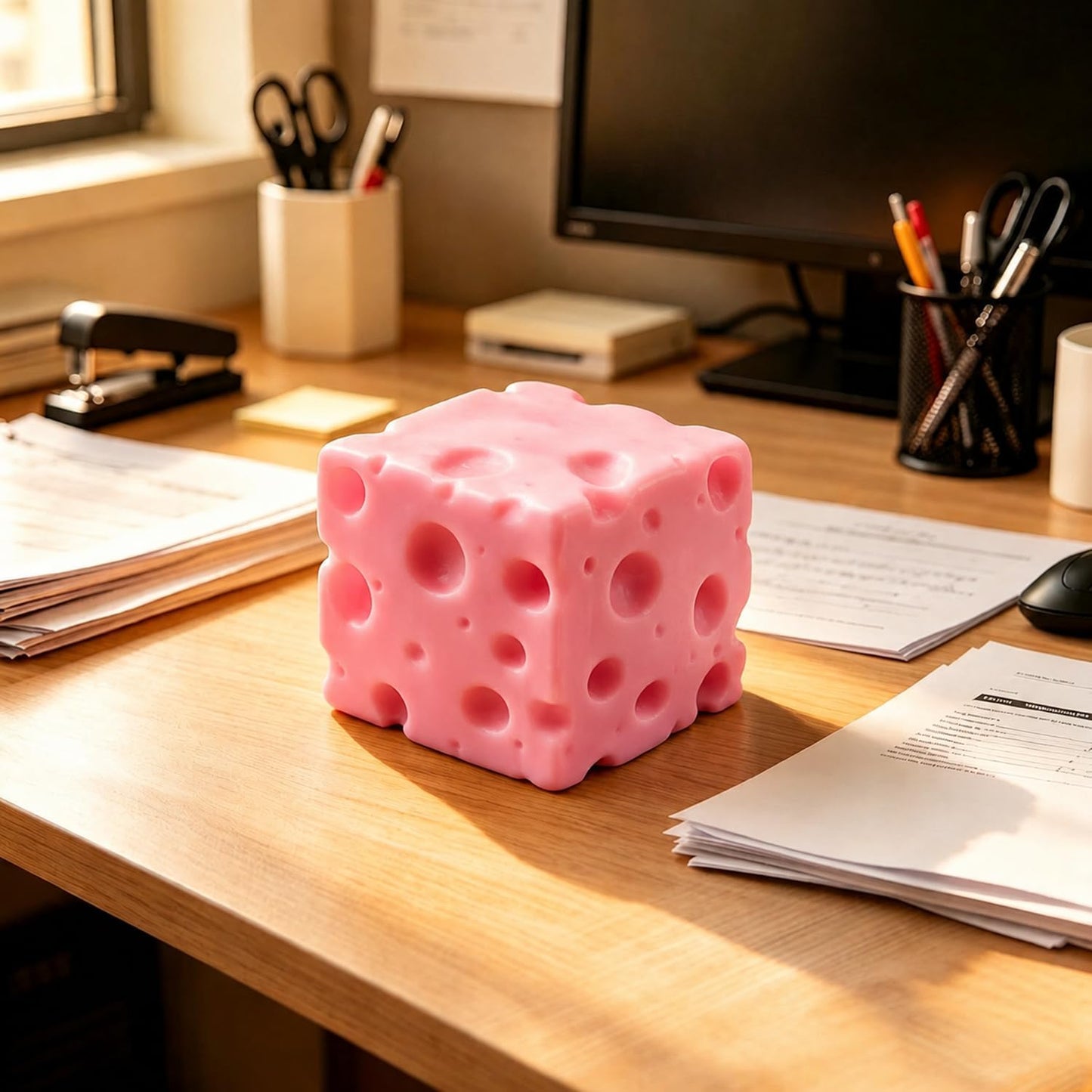 Cheese Squishy Toy, Slow Rising Realistic Cheese Block Fidget Toy, Squeeze Cheese Cube Stress Ball for Anxiety Relief, Soft Sensory Toy Gift for Home, Office, School (Pink/2.75inch)