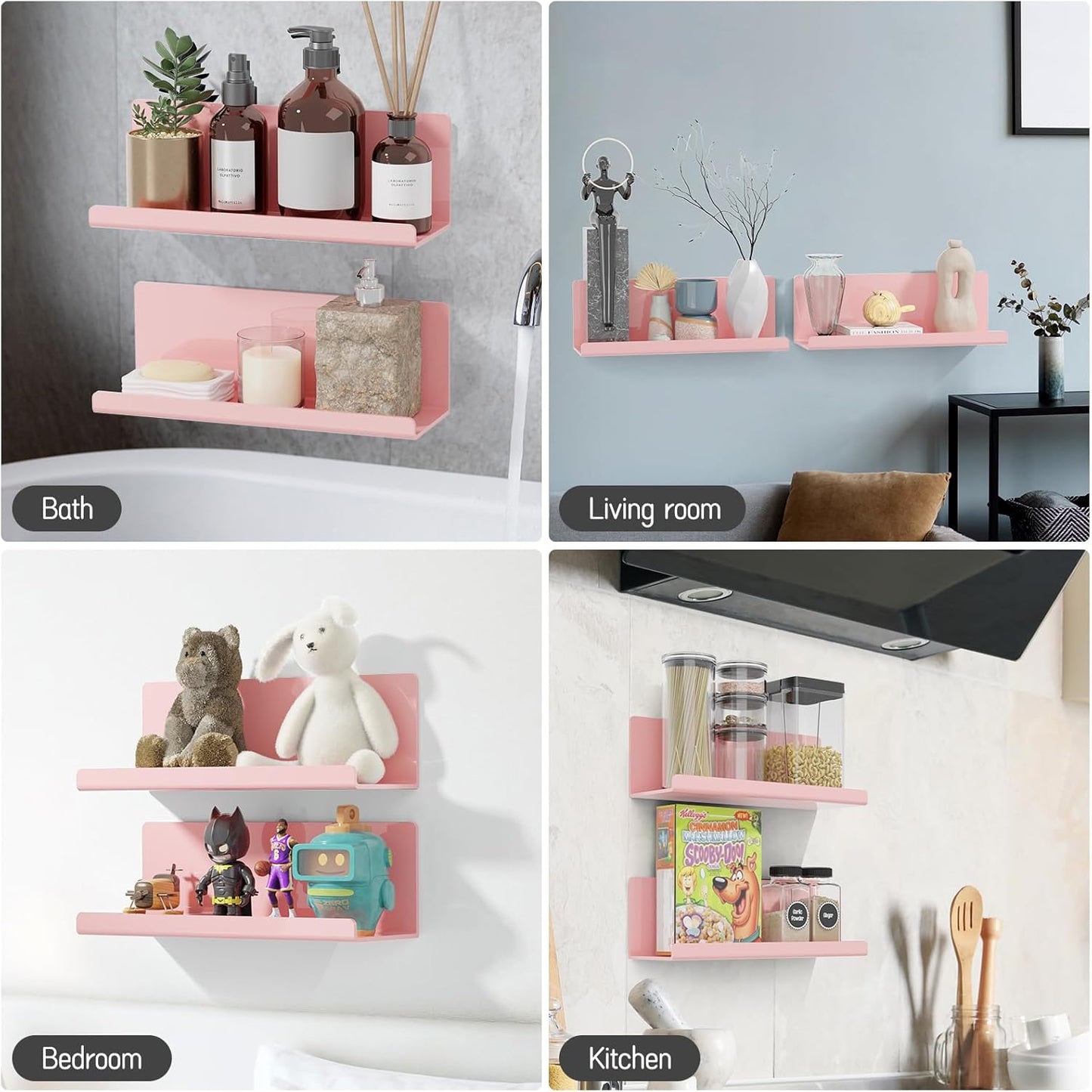 PAVSTINE Adhesive Floating Shelves for Wall No Drilling, 12 Inch Acrylic Self Adhesive Shelves, Stick on Shelves, Dorm Wall Shelf, for Bathroom, Kitchen, Bedroom, Office, Gaming Room, Pink