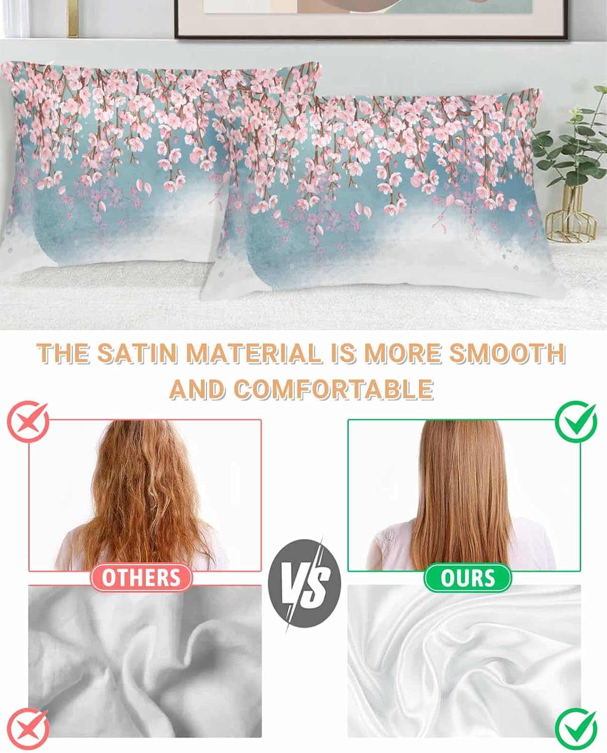 SEVENBABU Satin Pillowcase for Hair and Skin, Spring Watercolor Peach Blossom Pink Pillowcases Set of 2 Breathable Cooling Pillow Covers 20"x26" for Sleep Satin Silk Pillow Cover with Hidden Zipper