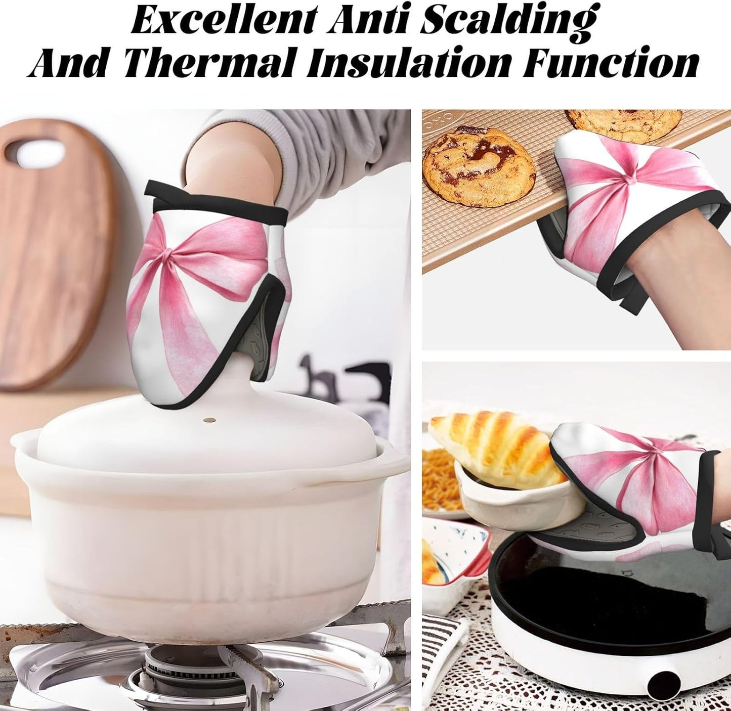 Watercolor Light Pink Coquette Bow Mini Silicone Oven Mitts Heat and Slip Resistant Kitchen Mittens,Short Oven Gloves for Safe Cooking Baking & Grill,5.9"X5.9"