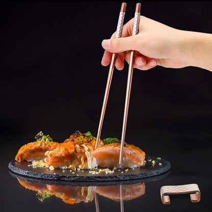 Titanium Stainless Steel 18/8 Reusable Chopsticks - 2 Pairs with Holder, Dishwasher Safe, Lightweight Japanese Style Gift Set (Rose Gold)