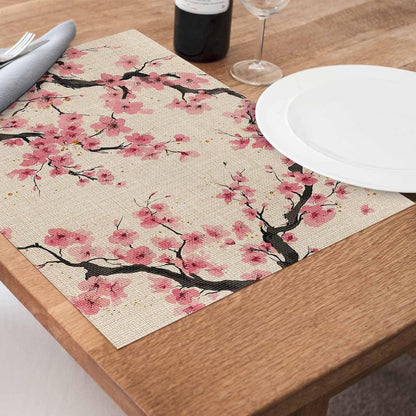Spring Flowers Placemats Set of 4, Washable PVC Kitchen Table Mats Place Mats, Country Pink Peach Blossoms Botanical Floral Woven Vinyl Placemat for Dining Table, 13" x 19"