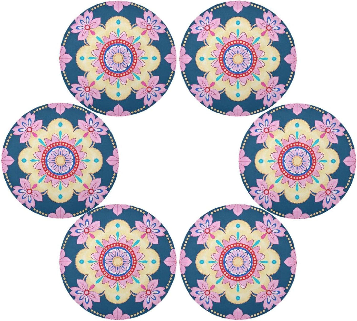 Cherry Blossom Boho Pattern Blue Peach table placemat round placemats heat resistant waterproof toddlers porta platos para mesa 15.4x15.4in set of 6