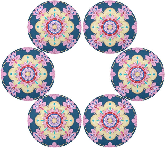 Cherry Blossom Boho Pattern Blue Peach table placemat round placemats heat resistant waterproof toddlers porta platos para mesa 15.4x15.4in set of 6