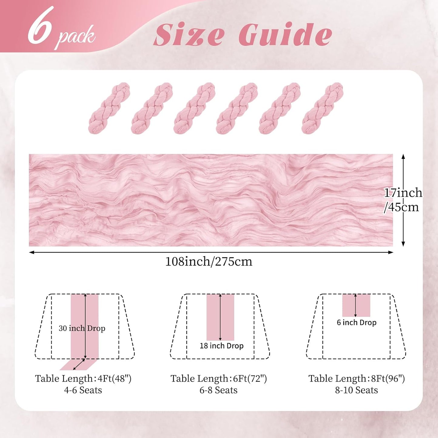 6 Pack Light Pink Cheesecloth Table Runner 17x108 Inch Semi Sheer Boho Gauze Cheese Cloth Fabric Table Runners, for Wedding Party Baby Shower Birthday Home Decor Garden Farmhouse