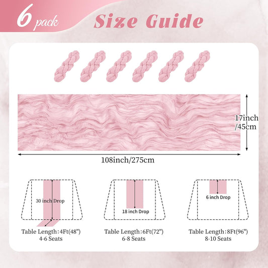 6 Pack Light Pink Cheesecloth Table Runner 17x108 Inch Semi Sheer Boho Gauze Cheese Cloth Fabric Table Runners, for Wedding Party Baby Shower Birthday Home Decor Garden Farmhouse