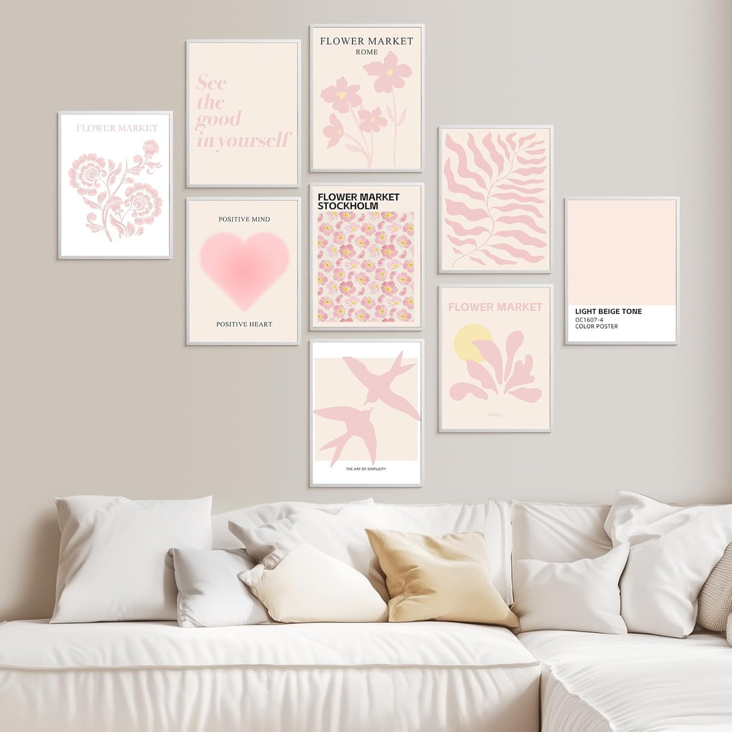 ZYLORI 9 Pcs Pink Preppy Room Decor - 8x10 Unframed Aesthetic Abstract Flower Posters, Pastel Gallery Wall Art, Chic Boho Prints for Teen Girls Bedroom, College Dorm Essentials