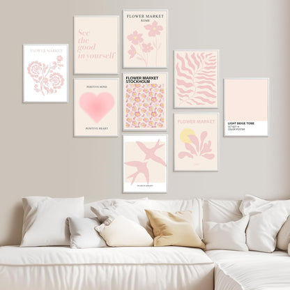 ZYLORI 9 Pcs Pink Preppy Room Decor - 8x10 Unframed Aesthetic Abstract Flower Posters, Pastel Gallery Wall Art, Chic Boho Prints for Teen Girls Bedroom, College Dorm Essentials