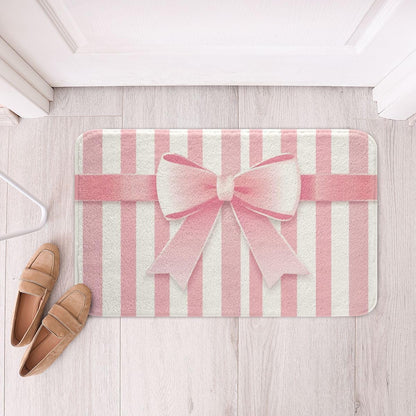 Erosebridal Pink Bowknot Doormat Kawaii Ribbon Bow Bath Mat Cute Bow Tie Bathroom Rugs 16" x 24" Geometric Line Stripe