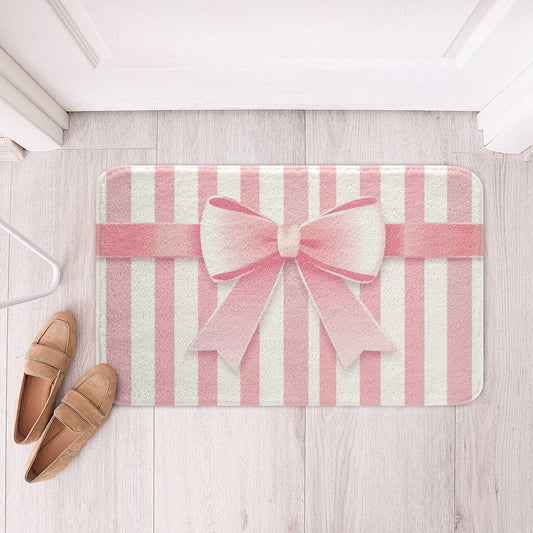 Erosebridal Pink Bowknot Doormat Kawaii Ribbon Bow Bath Mat Cute Bow Tie Bathroom Rugs 16" x 24" Geometric Line Stripe