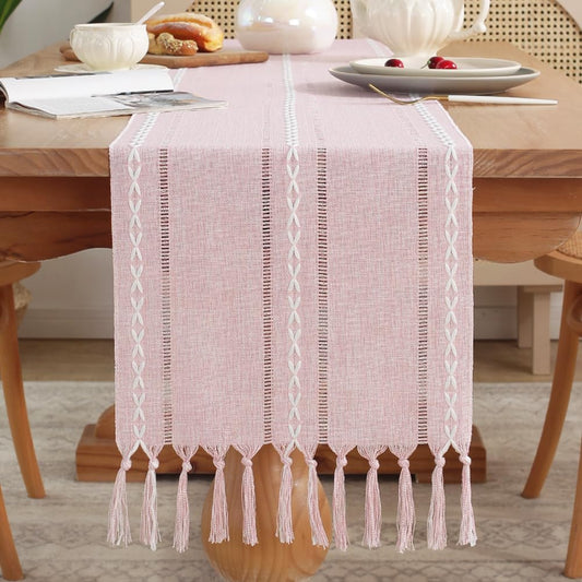meioro Rustic Table Runner with Tassels, Farmhouse Boho Table Runners Braided Striped, Cotton Linen Table Decoration for Dining Party Holiday and Wedding, 72 Inches, Pink