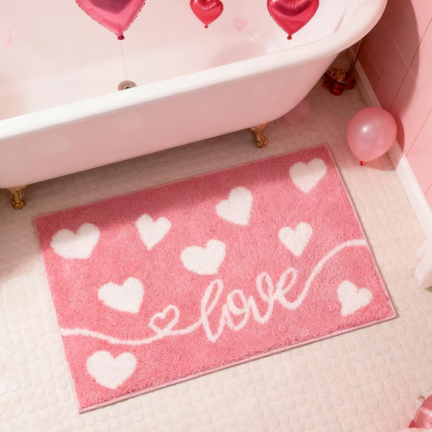 MEHOFOND Valentine's Day Bathroom Rug, Pink Love Heart Tufted Bath Mat, Soft Valentines Day Bath Mats Non Slip Absorbent Rectangle Shower Rug Front Door Mat for Home Kitchen Bedroom Decor, 17x24 Inch