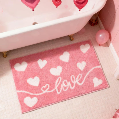 MEHOFOND Valentine's Day Bathroom Rug, Pink Love Heart Tufted Bath Mat, Soft Valentines Day Bath Mats Non Slip Absorbent Rectangle Shower Rug Front Door Mat for Home Kitchen Bedroom Decor, 17x24 Inch