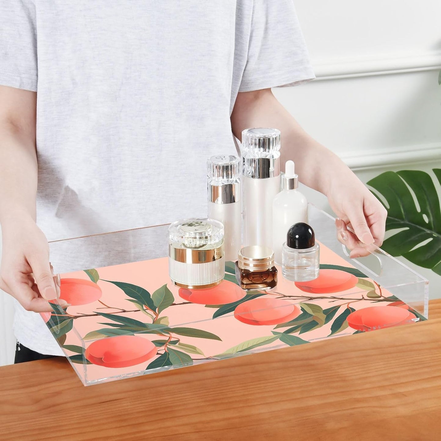 Plastic Food Serving Tray Decorative Vanity Trays for Bathroom Peach Pink Coffee Table Kitchen Counter 11.8 * 15.7in