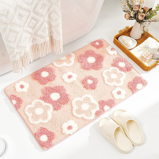 Cute Flowers Bathroom Rug Non Slip and Super Absorbent Bath Mat Machine Washable Bath Carpet Soft Microfiber Rug for Dining Room, Kitchen and Living Room (Pink Flowers, 23"x16")