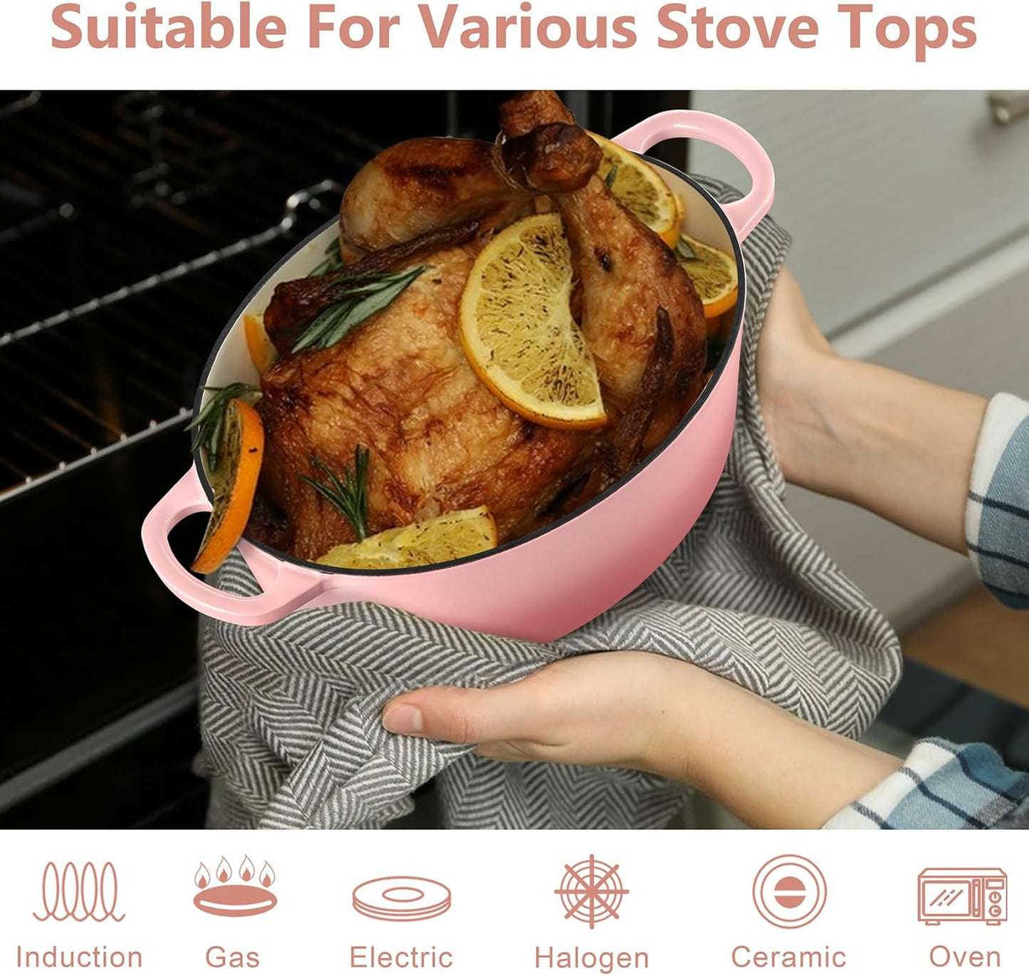 TeamFar Oval Dutch Oven, 5qt Enameled Cast Iron Dutch Oven Pot with Lid, For Bread Baking/Stewing/Braising/Frying, Suitable for Various Stoves, Dual Handles & Easy Cleanup, Pink