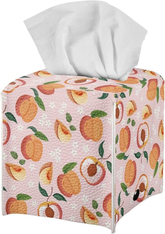Pink Cute Peach Tissue Box Holder Modern Decorative PU Leather Square Tissue Box Cover for Home Office Tissue Cube Organizer for Dining Table Nightstand