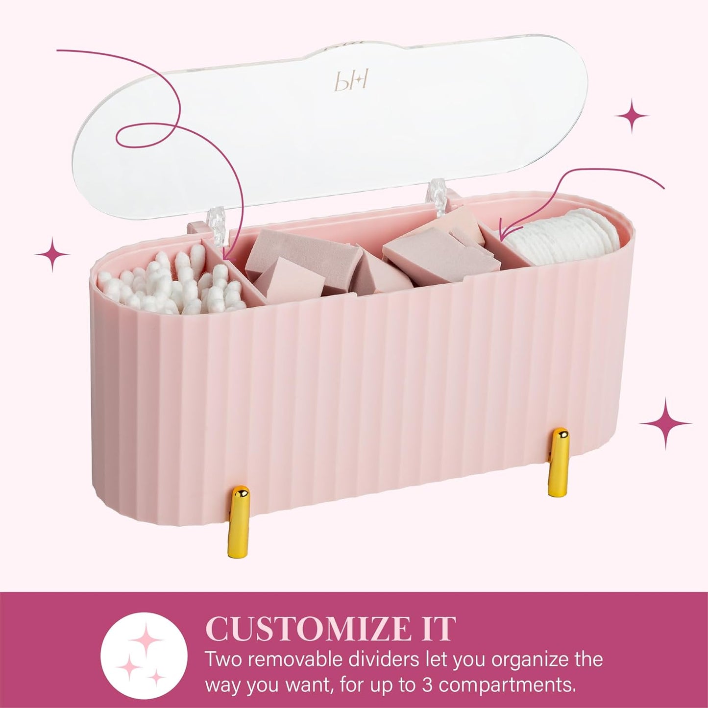 Paris Hilton Makeup & Storage Organizer with Lid, Customizable 3-Compartment Tray, Elegant Ribbed Design, Compact & Durable, Pink