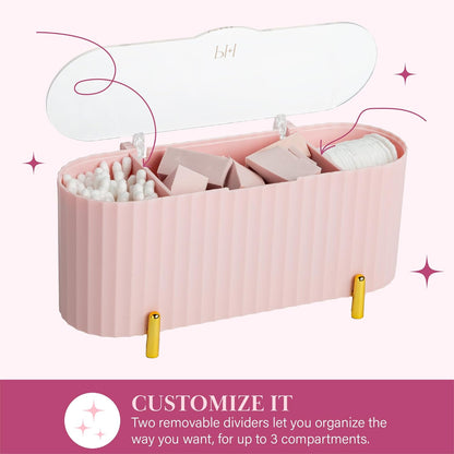 Paris Hilton Makeup & Storage Organizer with Lid, Customizable 3-Compartment Tray, Elegant Ribbed Design, Compact & Durable, Pink