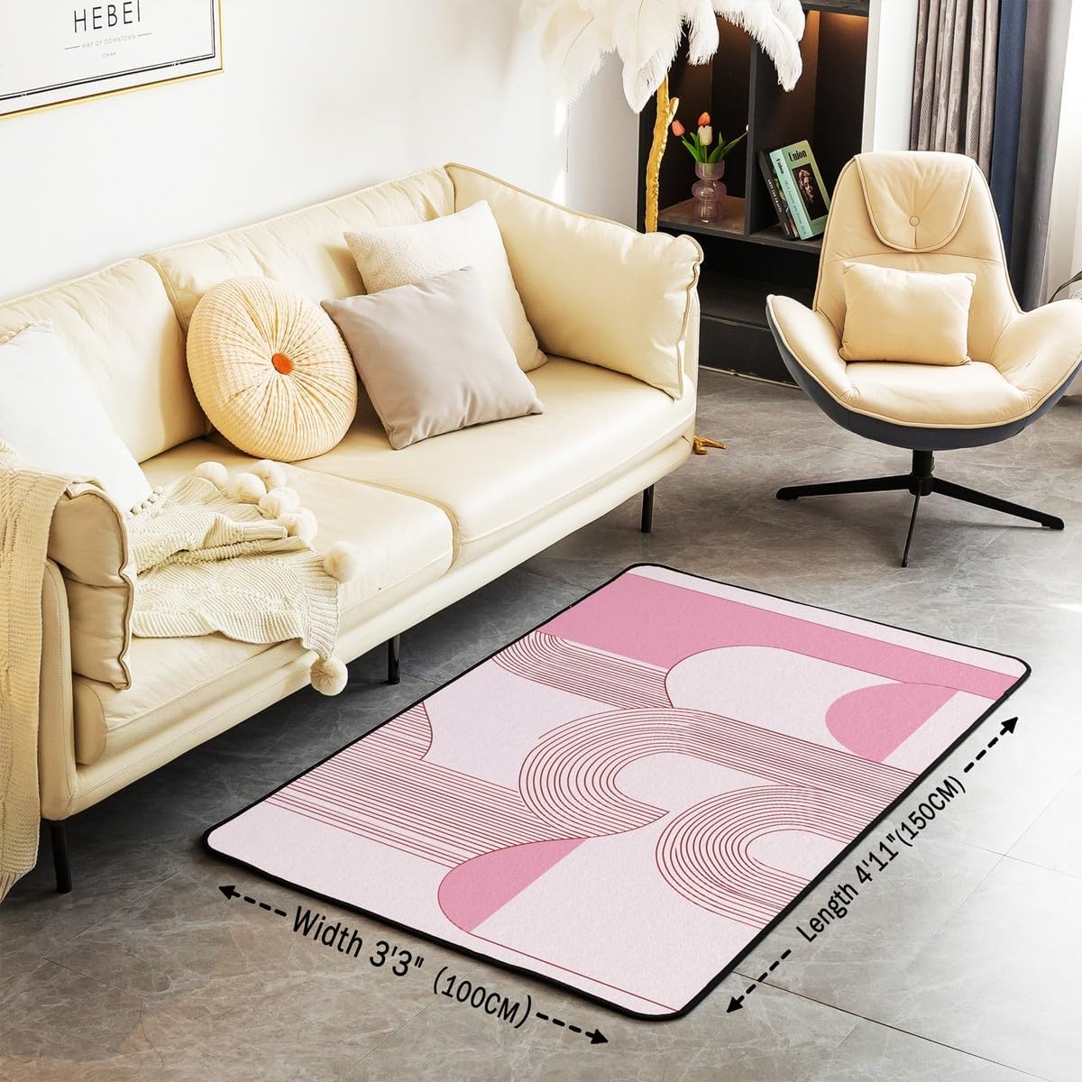 Boho Mid Century Area Rug Abstract Geometric Non Slip Carpet for Kids Girls Adults Minimalist Retro Aesthetic Decor Rug for Living Room Bedroom Playroom Backyard 3x5 Light Pink