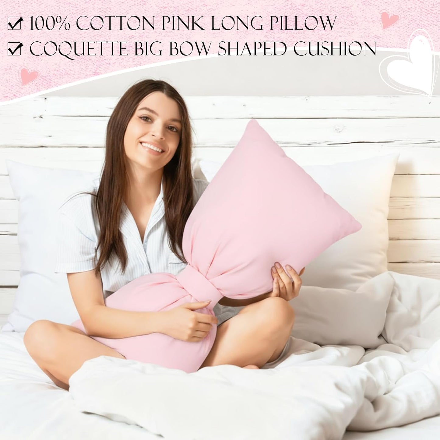 AceOrbit Pink Long Bow Pillow 12 x 30 Inch 100% Cotton Oversized Pillow Coquette Big Bow Shaped Cushion Aesthetic Room Decor Cushion for Bed Sofa Couch Holiday Car Coquette Decor