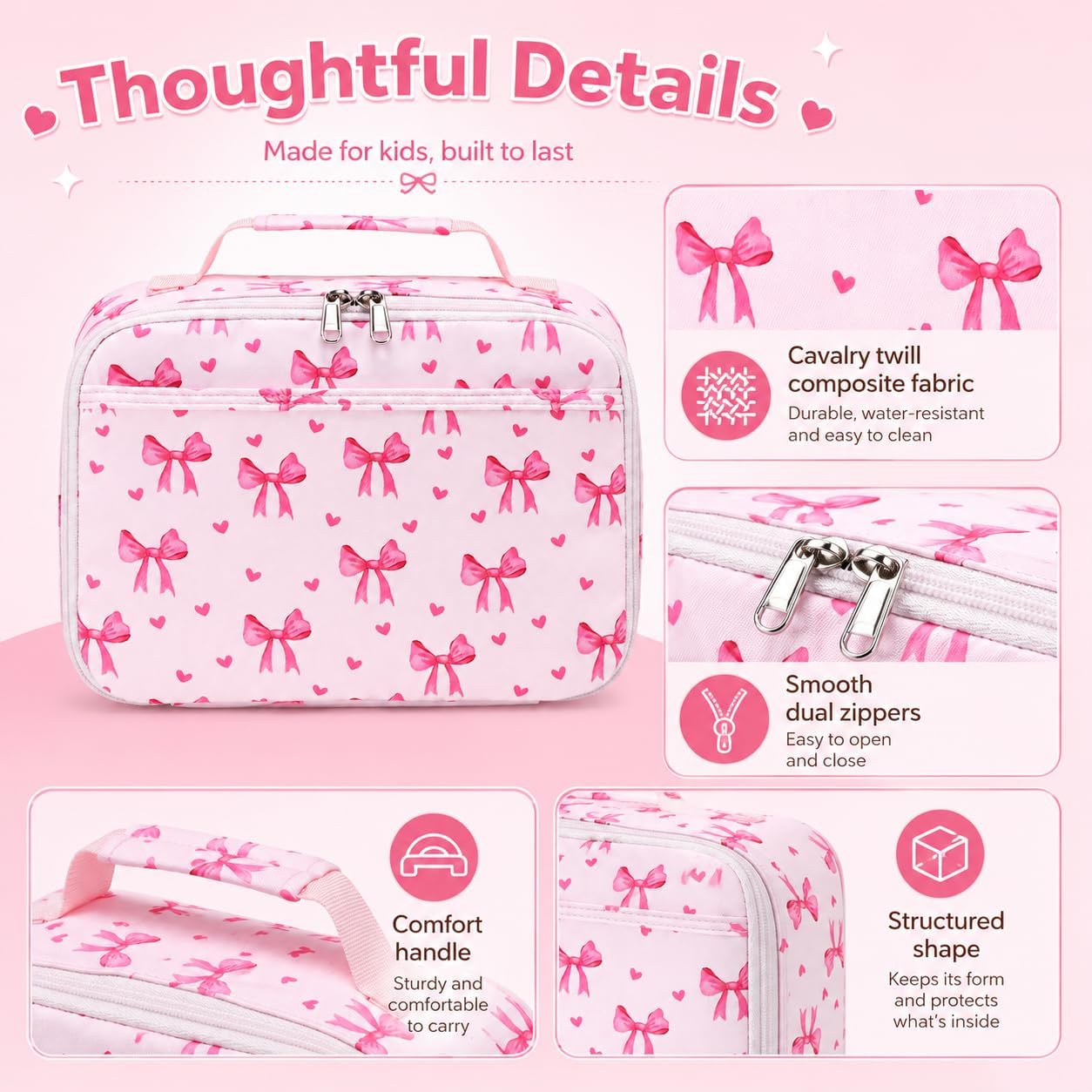 LOIDOU Lunch Box for Kids Boys Girls Insulated Lunch Bag Thermal Meal Tote Reusable Lunch Pail Bags for School Travel (Bow Tie Pink)