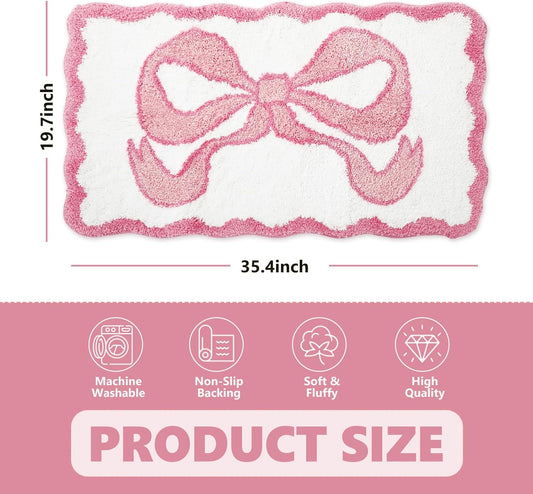 JarThenaAMCS Valentine Scalloped Bow Bathroom Rug Absorbent Pink Cute Bowknot Tufted Bath Mat Non Slip Washable Shower Rug for Coquette Home Bedroom Preppy Room Decor, 19.7 x 35.4 Inch