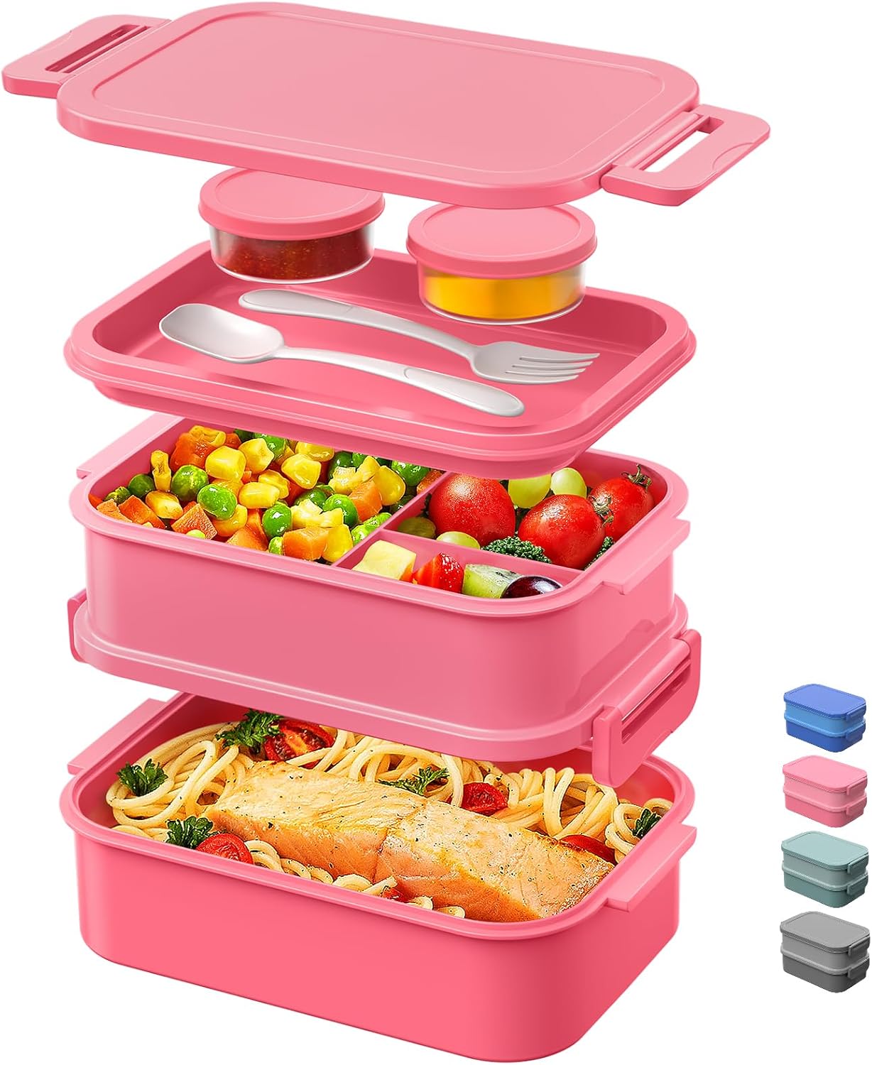 DaCool Adults Bento Box Lunch Box - Stackable All-in-One Leakproof Bento Lunch Box for Adults Women Girls 74 OZ Large Lunch Containers with Fork Spoon Sauce Boxes for Work School Dining Out, Pink