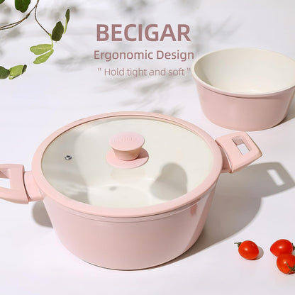 BECIGAR 23pcs Ceramic Pots and Pans Set, Nonstick Detachable Handle Cookware, Induction Kitchen Cooking Set with Removable Handle,include Frying Pans & Saucepans Oven Safe(Pink)