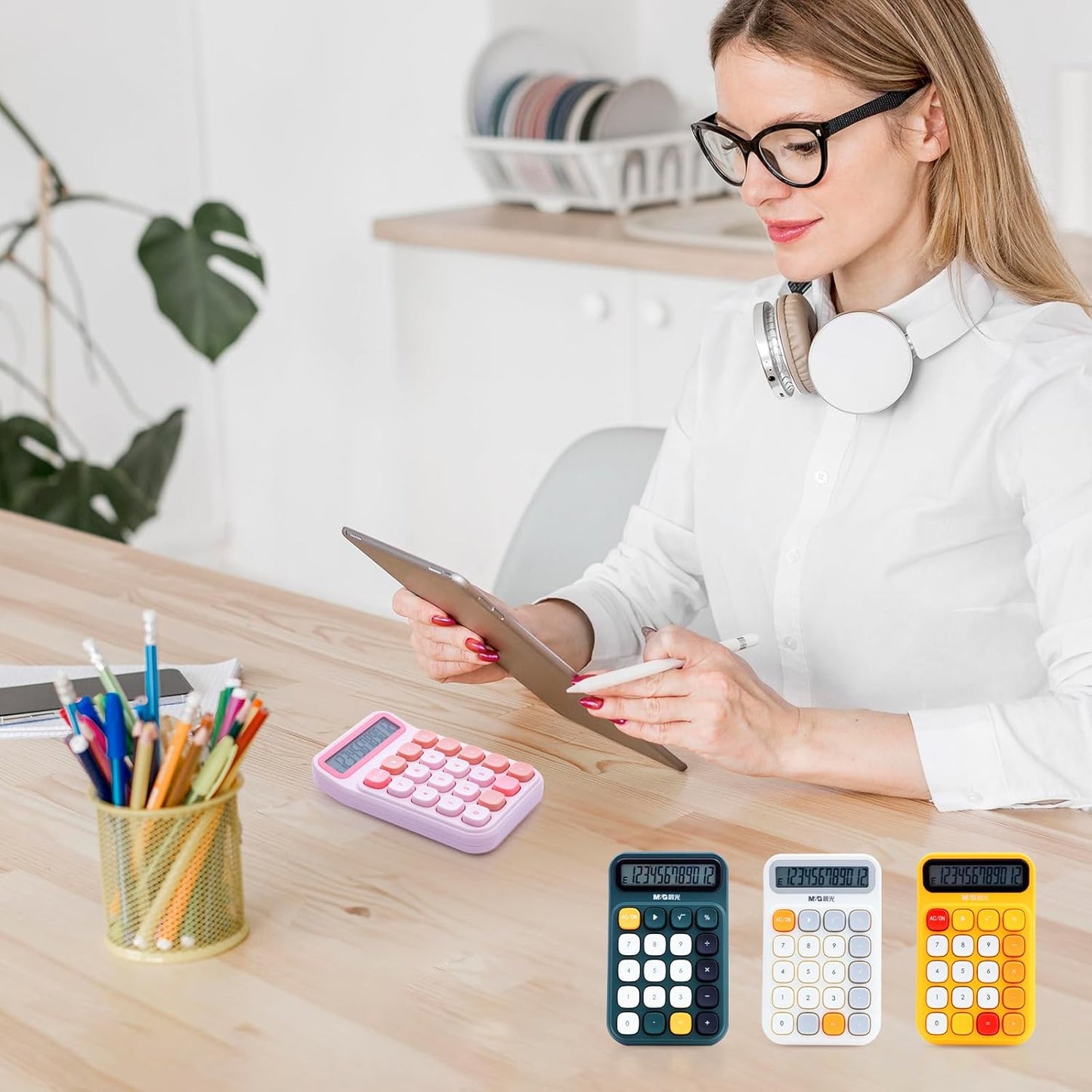 M&G Mechanical Switch Calculator, 12 Digits, Large LCD Display and Big Buttons, Cute Pink Desktop Calculator for Office, Home, School (Battery Included)