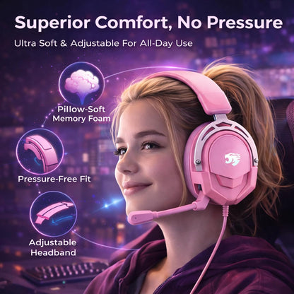 K98 Gaming Headset with Mic, Wired Over Ear Headphones for PC, PS5, PS4, Xbox One, 50mm Stereo Surround Sound, Aluminum Frame, Memory Foam Ear Cushions, Noise Cancelling Mic (Pink)