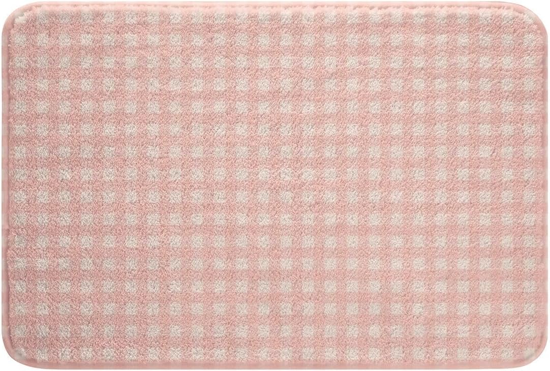 Manfei Pink Gingham Bath Mats Geometric Grid Plaid Bathroom Mats Rugs,Modern Aesthetic Checkered Bath Carpets,Kids Boys Girls Room Decor,Non Slip Absorbent Plush Floor Rugs, 16Wx24L Inches