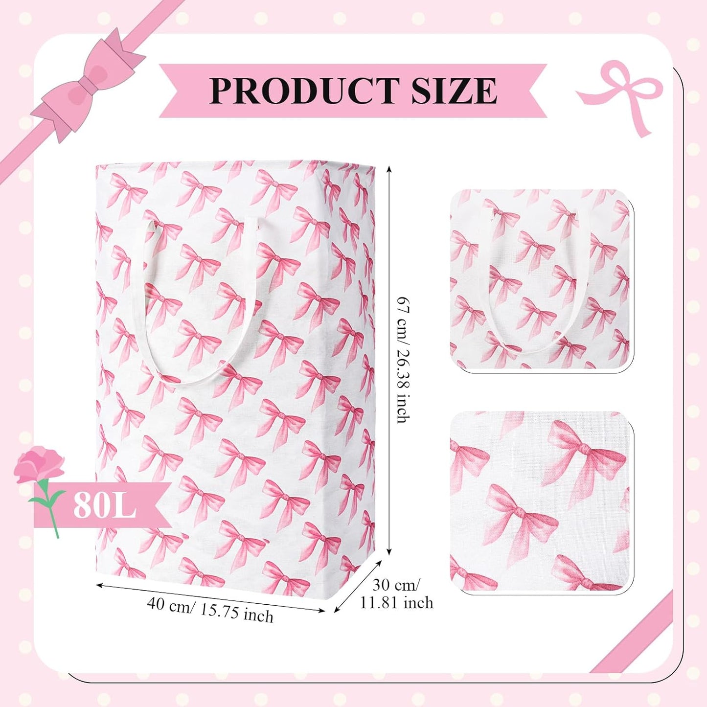 Leinuosen 2 Pcs 80l Large Bow Pink Laundry Hamper Basket with Waterproof Inner Lining, Collapsible Pink Clothes Storage Baskets Bin with Handles for Bedroom, Nursery & Home Organization(Pastel)