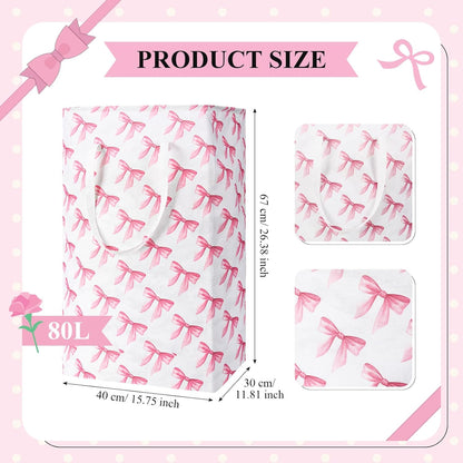 Leinuosen 2 Pcs 80l Large Bow Pink Laundry Hamper Basket with Waterproof Inner Lining, Collapsible Pink Clothes Storage Baskets Bin with Handles for Bedroom, Nursery & Home Organization(Pastel)