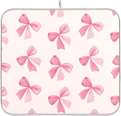 Pink Bow Dish Drying Mat for Kitchen Counter, Super Absorbent Non Slip Dish Drainer Rack Pad for Countertops, 16 x 18 Inch