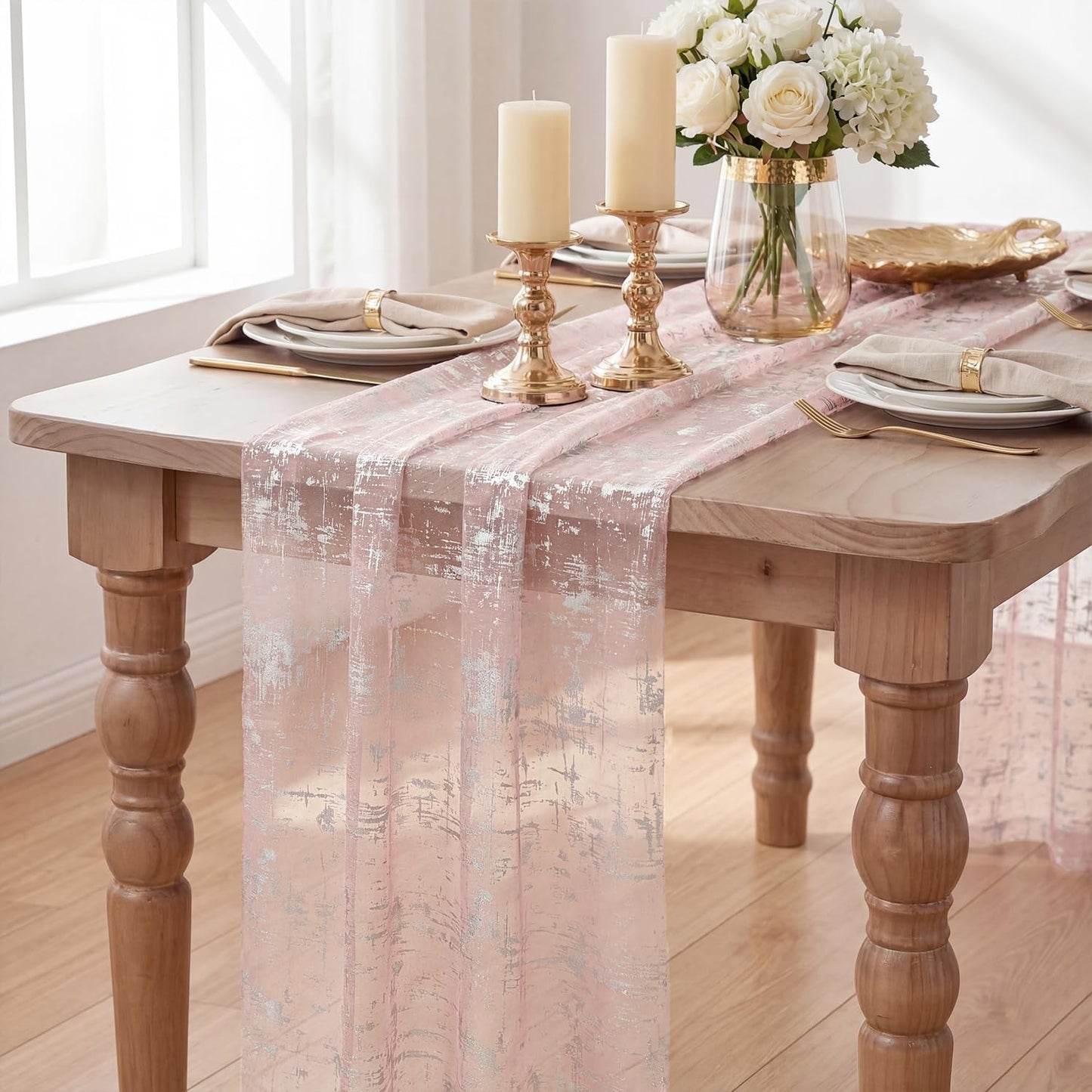 Artoid Mode Pink Silver Gauze Table Runner 120 Inch, Sheer Glitter for Spring, Wedding, Dining, Anniversary, Holiday Party Decor