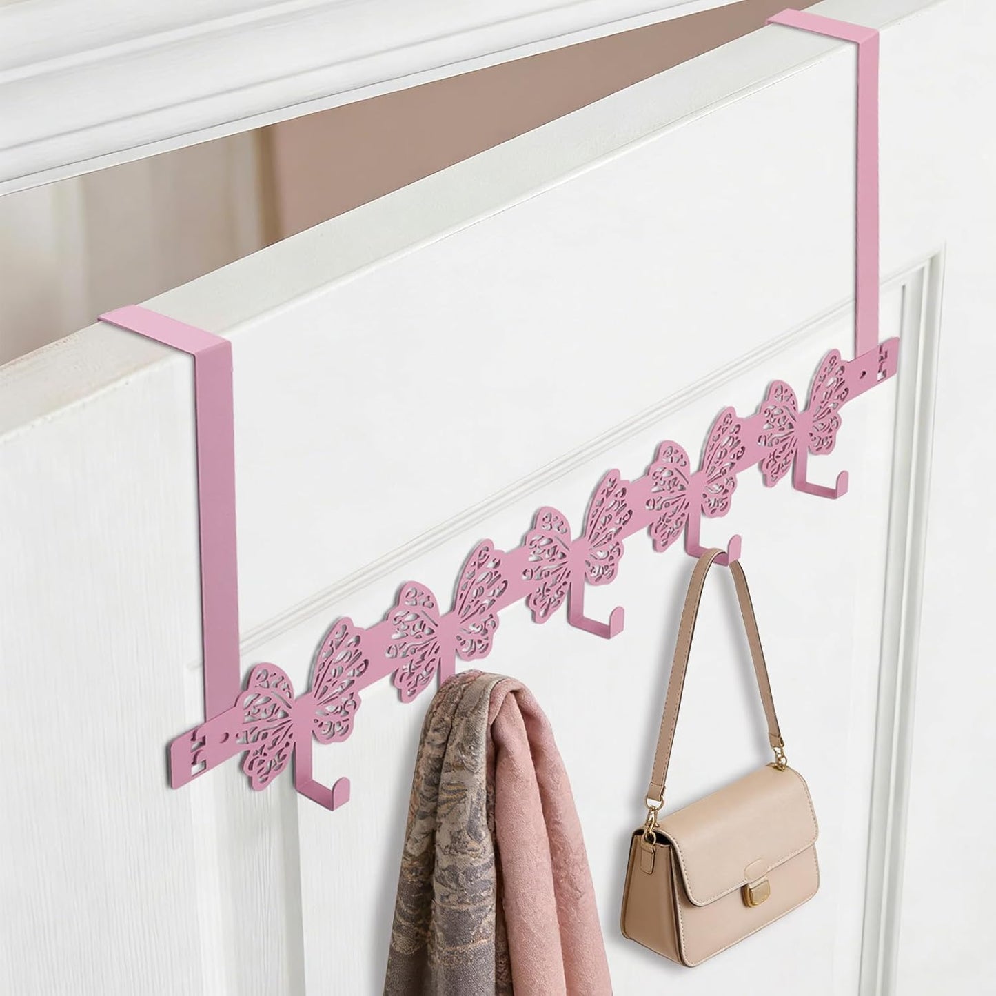 Over The Door Hooks, Pink Butterfly Towel Rack with 5 Hooks Hanging Towel for Bathroom Accessories, Cute Wall Mount Towel Hanger for Hats, Bags, Keys, Home Organizer